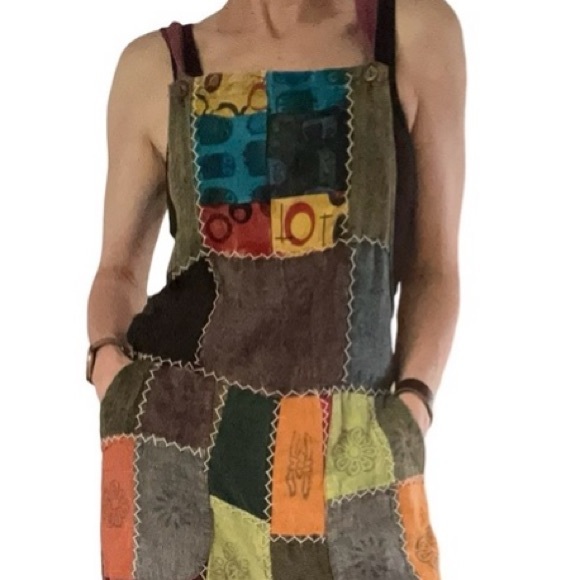 Rising International Boho Hippie Quilt Cross Stitch Block Print Pattern Overalls - Picture 4 of 16